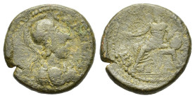 Pseudo-autonomous. Time of Hadrian-Antoninus Pius. AD 128-161. Æ (18,5 mm, 4 g). Lydia. Sala. Gaius Valerius Andronicus, magistrate. CAΛHNΩN. Helmeted...