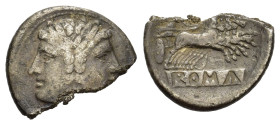 Anonymous, circa. 225-214/212 BC. Quadrigatus (22 mm, 4,8 g) Rome. Laureate janiform head of the Dioscouri with, on the top of the head, two annulet-l...