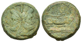 Anonymous. 211-208 BC (or later). Æ As (32 mm, 37 g). Uncial standard. Rome. Laureate head of bearded Janus; I (mark of value) horizontally above. R/ ...