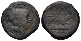 Anonymous issues. After 211 BC. Æ triens (25 mm, 11,4 g). Uncertain mint. Helmeted head of Minerva right; four pellets above / ROMA, prow right; four ...