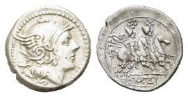 Anonymous 197 BC. and after. AR Denarius (19,5mm, 4,00gr). Helmeted
head of Roma; behind, X. R/ The Dioscuri galloping; below, staff and ROMA in linea...