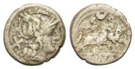 Anonymous. 207 BC. AR Denarius (18 mm, 3,7 g). Crescent (first) series. Rome mint. Helmeted head of Roma right; X (mark of value) to left. R/ Dioscuri...