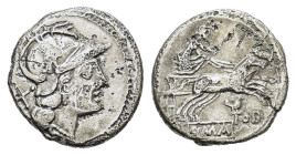Bird and TOD series AR Denarius (18 mm, 3,3 g) Rome. Helmeted head of Roma right; X behind. R/ Luna in biga right; bird and TOD below; ROMA in exergue...