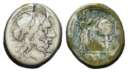 Anonymous. 211-206 BC. AR denarius (16 mm, 2,9 g). Rome mint. Laureate head of Zeus right. R/ ROMA, Victory standing right crowning trophy. Cf. RRC 58...