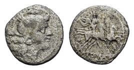 Anonymous. Circa. 211-206 BC. AR denarius (11,7 mm, 0,8 g). Rome mint. Head of Roma right, wearing winged helmet decorated with head of griffin. R/ RO...