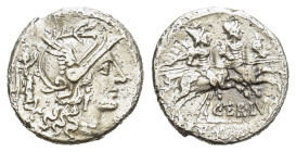 C. Terentius Lucanus. 147 BC. AR Denarius (19 mm, 3,5 g) Rome. Helmeted head of Roma right; X and Victory behind. R/ The Dioscuri riding right; C•TER•...