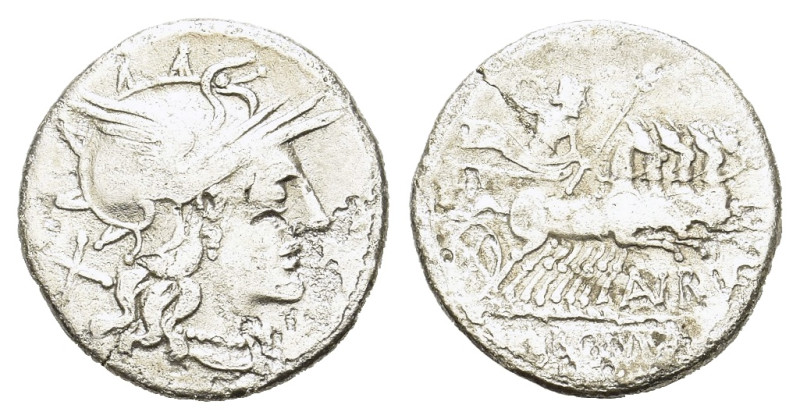 Aurelius Rufus. 144 BC. AR Denarius (19,5 mm, 3,5 g) Rome. Helmeted head of Roma...