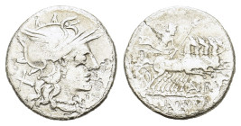 Aurelius Rufus. 144 BC. AR Denarius (19,5 mm, 3,5 g) Rome. Helmeted head of Roma r. R/ Jupiter driving galloping quadriga r., holding reins and sceptr...