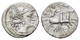 Publius Calpurnius. 133 BC. AR Denarius (21 mm, 3,7 g) Rome mint. Head of Roma right with XVI monogram behind. R/ Venus in biga right with P CALP belo...