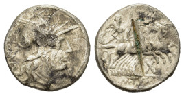 M. Tullius. Denarius. 120 BC (18,7 mm, 2,8 g) Rome. Head of Roma right, ROMA behind. R/Victory in quadriga right, X below horses, M. TVLLI in exergue....