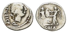 C. Egnatuleius, Egnatuleia. 97 BC. Quinarius (15 mm, 1,8 g) Rome. Laureate head of Apollo right. R/ Victory standing left, erecting trophy, C EGNATVLE...