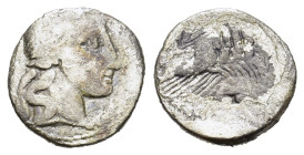 C. Vibius C.f. Pansa. 90 BC. AR Denarius (18 mm, 2,9 g) Rome. Laureate head of Apollo r. R/ Minerva driving galloping quadriga r. Crawford 342/5b; RBW...