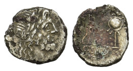 Cn. Lentulus Clodianus. 88 BC. AR Quinarius (13 mm, 1 g) Rome. Laureate head of Jupiter r. R/ Victory standing r., crowning trophy. Crawford 345/2; RB...
