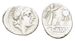Anonymous  AR Quinarius (14mm, 1.80gr.)., uncertain mint 81 AD. Laureate head of Apollo. R/  Victory standing r., crowning trophy; in between, D. In e...