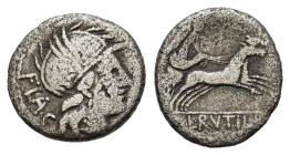 L. Rutilius Flaccus. 77 BC. AR Denarius (17,8 mm, 3,5 g) Rome. FLAC Helmeted head of Roma to right. R/ L•RVTILI Victory driving biga to right, holding...