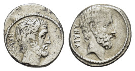 Q. Servilius Caepio (M. Junius) Brutus. 54 BC. AR Denarius (17 mm, 4 g) Rome. Bare head of L. Junius Brutus right; BRVTVS downwards to left. R/ Bare h...