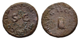 Claudius. AD 41-54. Æ quadrans (14,5 mm, 2,7 g). Rome. TI CLAVDIVS CAESAR AVG, modius. R/ PON M TR P IMP P P COS II around large S C. RIC 90; BMC 182....