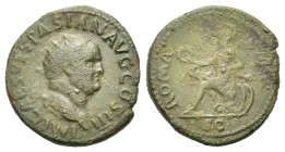Vespasian 69-79. Rome. AD 71 Æ Dupondius (27 mm, 4,5 g). IMP CAES VESPASIAN AVG COS III, radiate head r., R/ ROMA, Roma seated l., holding wreath and ...