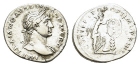 Trajan. AD 98-117. AR Denarius. (19 mm, 3,5 g) Rome. IMP TRAIANO AVG GER DAC P M TR P, laureate bust right, slight drapery on far shoulder. R/ COS V P...