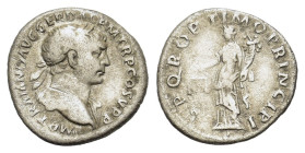 Trajan, 98-117 AD. AR Denarius (18mm, 3,00gr.) Rome mint. IMP TRAIANO AVG GER DAC P M TR P Laureate head of Trajan to right, with
slight drapery on hi...