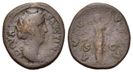 Diva Faustina Senior, Issue by Antoninus Pius. AD 138-140. Æ As (26 mm, 10 g) Rome. DIVA FAVSTINA, Draped bust of Faustina right. R/AVGVSTA S C, Vesta...