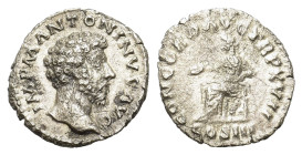 Marcus Aurelius. AD 162-163. AR Denarius (18 mm, 2,5 g) Rome. IMP M ANTONINVS AVG, bare head to right. R/ CONCORD AVG TR P XVII, Concordia seated to l...