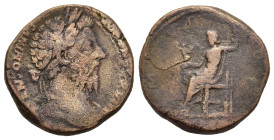 Marcus Aurelius AD 161-180. Æ Sestertius (30 mm, 25,5 g) Rome. M ANTONINVS - AVG TR P XXVIII, laureate head right. R/ IMP VI COS III, Juppiter seated ...