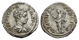 Geta, as caesar Septimius Severus. AD 193-211. AR Denarius (19 mm, 3,3 g) Rome. P SEPT GETA - CAES PONT, draped bust r., R/ FELICITAS - PVBLICA, Felic...