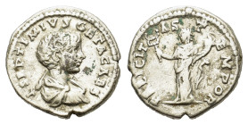 Geta as Caesar. AD 198-209. AR Denarius (18.5 mm, 3,2 g). Rome mint, struck A.D. 198-200. L SEPTIMIVS GETA CAES , bare-headed, draped and cuirassed bu...