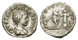 Geta as Caesar. AD 198-209. AR Denarius. (18,5 mm, 3 g) Rome. P SEPT GETA CAES PONT. Bust of Geta; draped, bare-headed, right. R/ PRINC IVVENTVTIS. Ge...