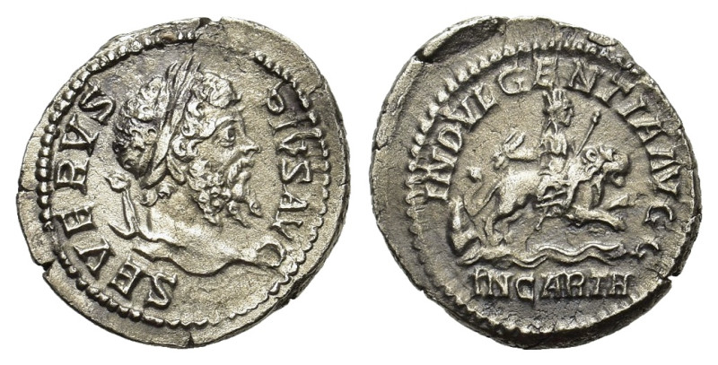 Septimius Severus AR Denarius. (20 mm, 3,7 g) Rome. SEVERVS PIVS AVG, laureate h...