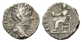 Septimius Severus. AD 193-211. AR Denarius (16 mm, 3 g). Rome. Laureate head r. R/ Securitas seated l., holding globe in r. hand. RIC IV 56; RSC 646.