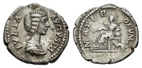 Julia Domna Augusta. AD 193-217. AR Denarius (19 mm, 3 g) Rome, c. 198-207. Draped bust r. R/ Cybele, towered, seated l. on throne between two lions, ...
