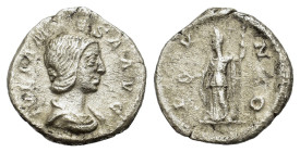 Julia Domna Augusta. AD 193-217. AR Denarius (19 mm, 3 g). Rome, 200-211. Draped bust r. R/ Juno standing l., holding patera and sceptre; peacock at f...