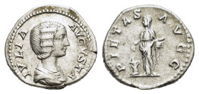 Julia Domna Augusta. AD 193-211. AR Denarius (19 mm, 3 g) Rome. IVLIA - AVGVSTA, draped bust r. R/ PIETAS - AVGG, Pietas standing l., holding box and ...