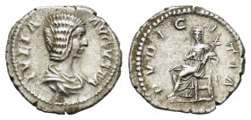 Julia Domna Augusta. AD 193-217. AR Denarius (19,5 mm, 3 g). Rome, c. 207-211. Draped bust r. R/ Pudicitia seated l. on throne, head facing, holding s...