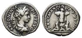 Caracalla. AD 198-217. AR Denarius (19 mm, 3g) Rome. ANTONINVS PIVS AVG, laureate and draped bust to right. R/ PART MAX PONT TR P IIII, trophy; at bas...