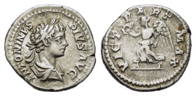 Caracalla. AD 198-217. AR Denarius (18 mm, 3.3 g). Rome mint. ANTONINVS PIVS AVG, laureate, draped, and cuirassed bust right R/ VICTORIA PARTH MAX, Vi...