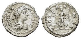 Caracalla. AD 198-217. AR denarius (20 mm, 2,3 g). Rome mint, struck A.D. 202. ANTONINVS PIVS AVG, laureate, draped, and cuirassed bust right R/ VICTO...