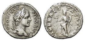 Caracalla. AD 198-217. AR Denarius (19 mm, 3 g). Rome mint. Laureate head right R/ Liberalitas standing facing, head left, holding abacus and cornucop...