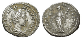 Elagabalus. AD 218-222. AR Denarius (18,8 mm, 3 g) Rome. IMP ANTONINVS AVG, Laureate and draped bust right. R/FIDES MILITVM, Fides standing front, hea...