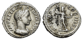 Severus Alexander. AD 222-235. AR Denarius (20 mm, 3,3 g) Rome. IMP ALEXAN - DER PIVS AVG Bust laureate, draped, cuirassed right, seen from front. R/ ...
