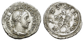 Severus Alexander. AD 222-235. AR Denarius (21 mm, 3 g) Rome. IMP ALEXANDER PIVS AVG, laureate, draped and cuirassed bust r., R/ MARS - VLTOR, Mars ad...