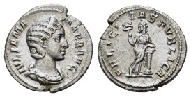 Julia Mamaea. AD 222-235. AR Denarius (19,5 mm, 2 g). IVLIA MAMAEA AVG, draped bust right R/ FELICITAS PVBLICA, Felicitas standing left, leaning on co...