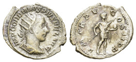 Gordian III. AD 238-244. AR Antoninianus (24 mm, 3 g) Radiate, draped and cuirassed bust right. R/ PM TRP V COS II PP Gordianus in military attire, st...
