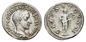 Gordian III. AD 238-244. AR Denarius (9,5 mm, 3,2 g) Rome. IMP GORDIANVS PIVS FEL AVG, laureate, draped and cuirassed bust r. R/ SALVS AVGVSTI, Salus ...