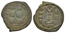 Justin II and Sophia. AD 565-578. Æ Follis or 40 Nummi (35 mm, 10,8 g) Nikomedia. ÆD N IVSTI-NVS P P, Justin and Sophia, both nimbate, enthroned facin...