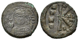 Maurice Tiberius. AD 582-602. Æ Half-follis (25,5 mm, 10,4 g). of Thessalonika, yr. 7. Facing bust R/ Large K.