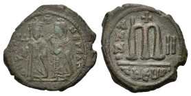 Phocas. Dated RY 2 = AD 603/4. Æ 40 Nummi (35 mm, 11 g) Theoupolis, Antioch. Phocas and Leontia standing facing, holding globus cruciger and cruciform...