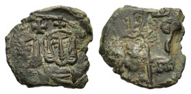 Constantine V with Leo IV. AD 741-775. Æ 40 Nummi (16,5 mm, 3g). Syracuse, 751-775. Crowned facing busts of Constantine and Leo IV, each wearing chlam...